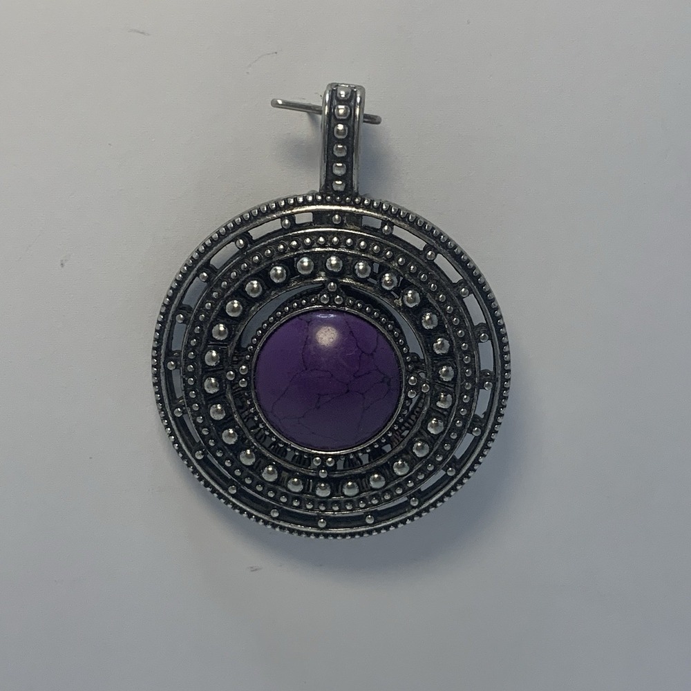 Silver Metal Pendant Necklace Round Purple Center Adjustable Bohemian